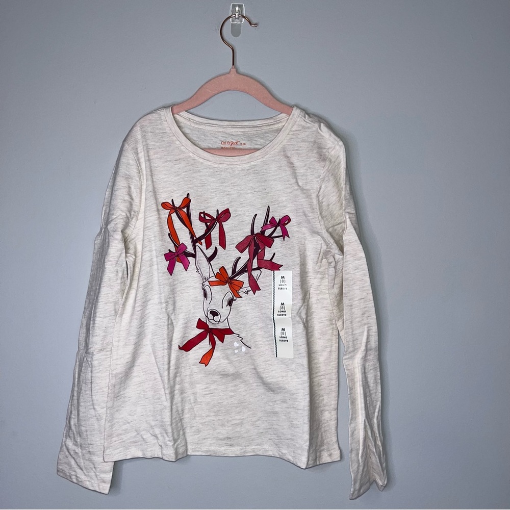 NWT Cat & Jack White Long Sleeve Shirt with Deer and Bows Youth Medium